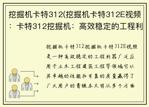 挖掘机卡特312(挖掘机卡特312E视频：卡特312挖掘机：高效稳定的工程利器)